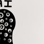 Abstract illustration of AI with silhouette head full of eyes, symbolizing observation and technology.
