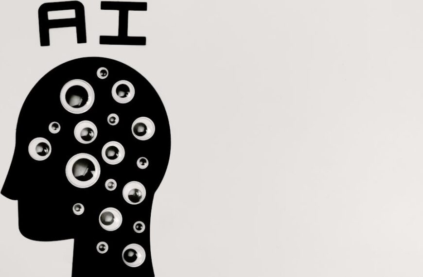 Abstract illustration of AI with silhouette head full of eyes, symbolizing observation and technology.