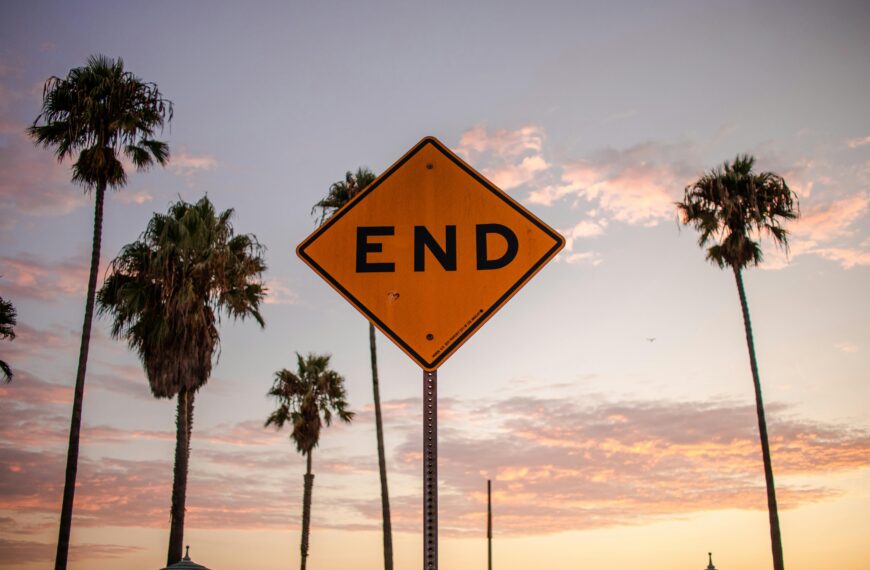 End sign amidst palm trees and sunset sky in Santa Monica, Los Angeles.